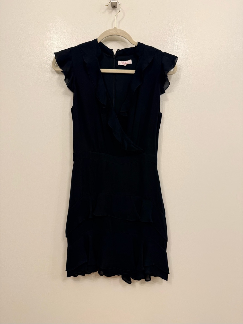 Parker Black Ruffle-Detail V-Neck Mini Dress
